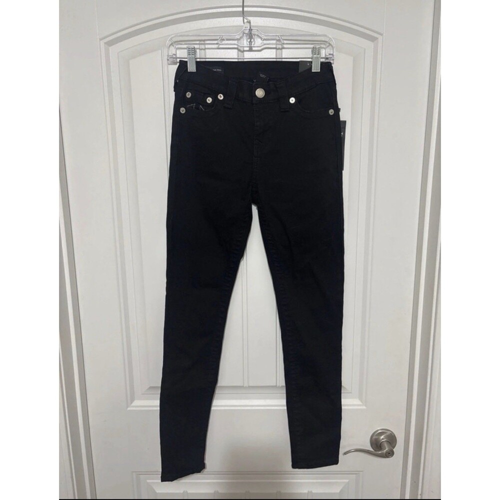 True Religion Mid Rise Skinny Black Denim Jeans Size 27 Stretch 5-Pocket Logo - Picture 2 of 8